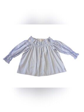 Rebellion Again Blue White Striped Off Shoulder Smocked Blouse Top (Size Large)